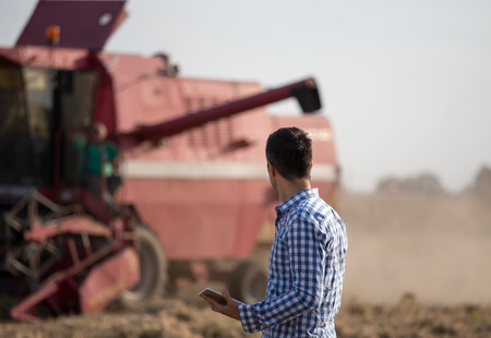 Handsome farmer standing in soybean field and lokking at combine harvesterの写真素材