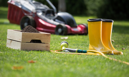 Crate with soil and gumboots on grass in backyard. Gardening equipment for maintenanceの写真素材