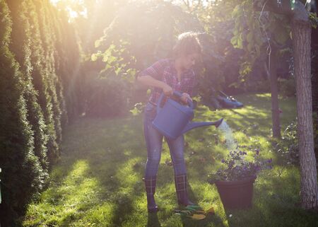 Pretty young woman watering plants in gardenの写真素材