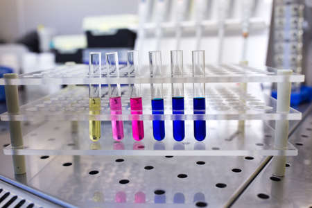 Close up of test tubes on holder with different chemicals in uv glow box in laboratory