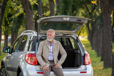 Elegant mature man sitting on trunk of the car in forest and waiting somebodyの写真素材