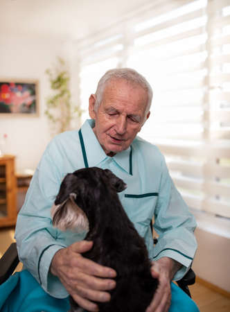Senior man in pajamas sitting in chair beside window and petting his dog in lapの写真素材