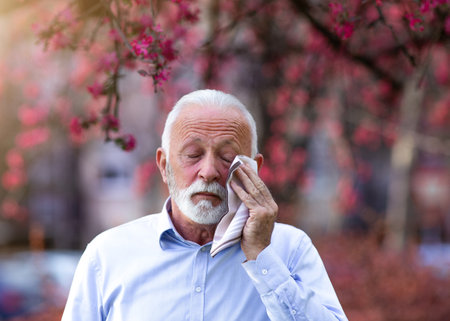 Senior man wiping eyes with tissue beside blooming tree in spring time. Itchy eyes from allergyの写真素材