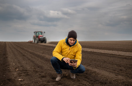 Portrait of handsome farmer with tablet squatting in front of tractor harrowing in field in...