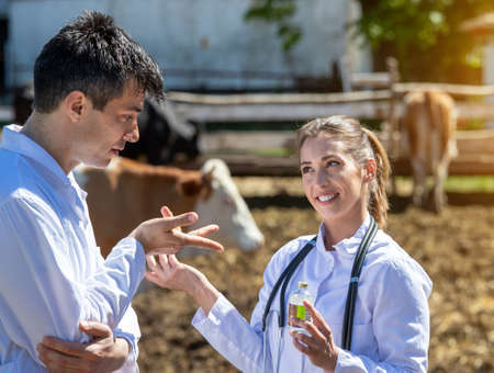 Man and woman talking about drugs medicine in bottle. Vets in white coats on ranch smiling discussing treatment.の写真素材