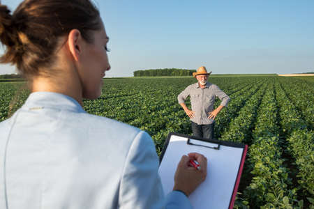 Young insurance sales rep in foreground writing taking notes on clipboard. Elderly farmer wearing plaid shirt and straw hat standing in soy field with hands on hips.の写真素材