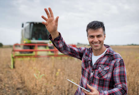 Male agronomist smiling, waving hand and using tablet modern technology in agriculture. Man standing in soy field with harvester working in background.の写真素材
