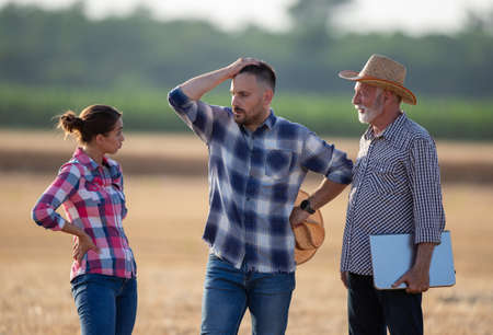 Group of displeased farmers talking about their problems with harvesting at organic farm.の写真素材