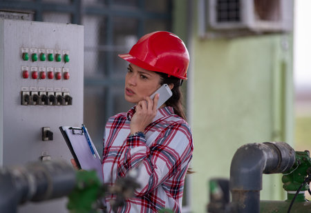 Busy female engineer with helmet and papers talking on the phone in front of electric boar in...