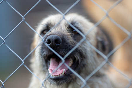 Cute abandoned dog standing behind bars in asylum for vagabond houndsの写真素材