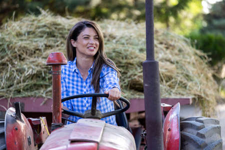 Pretty young smiling woman farmer driving tractor with trailer full of hay on farm woman veterinarian in front of piglets in stableの写真素材