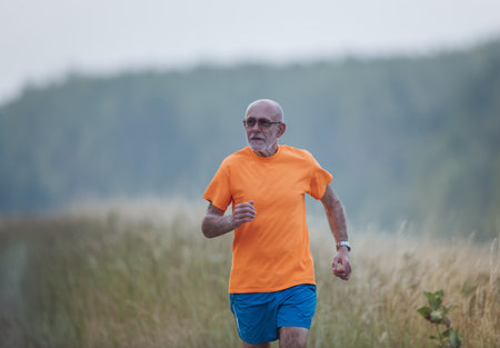 Healthy senior man jogging in nature. Sport and recreation in mature years conceptの写真素材