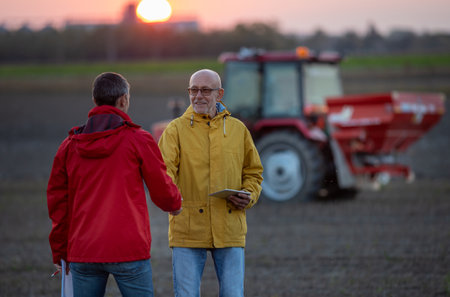 Two senior farmers shaking hands in field at sunset in fall time, while tractor working in...