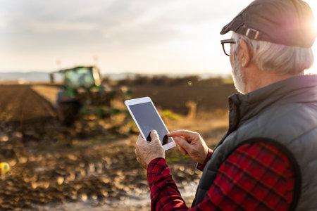 Serious mature farmer looking at tablet in front of tractor in field in autumnの写真素材