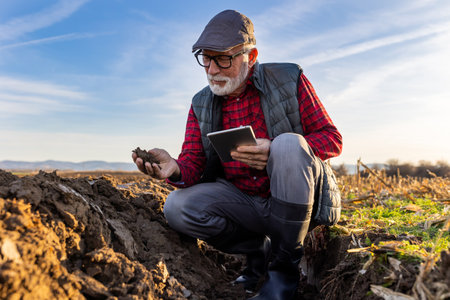 Mature farmer checking clod of earth in field in autumn timeの写真素材