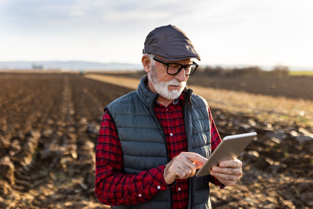 Satisfied senior farmer looking at tablet in field in late autumn