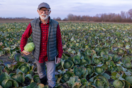 Satisfied senior farmer holding cabbage and tablet in field in autumnの写真素材