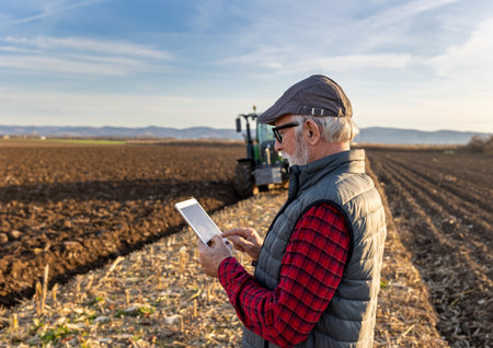 Serious mature farmer looking at tablet in front of tractor in field in autumn
