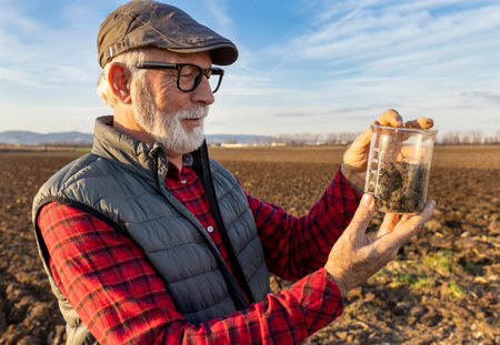 Mature farmer checking soil quality in field in autumn timeの写真素材