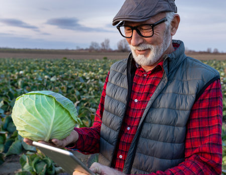 Satisfied senior farmer holding cabbage and looking at tablet in field in autumnの写真素材