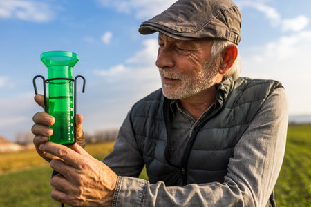 Senior farmer looking at water gauge for rain measuring in field or garden