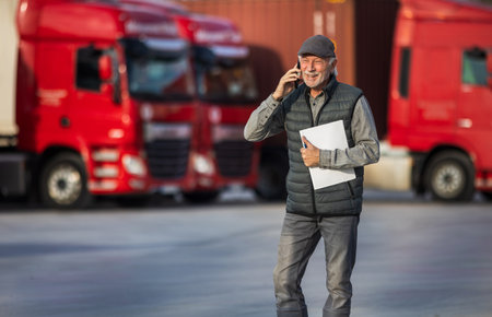 Senior man holding notebook and telling on mobile in front of parked trucks. Carco business concept