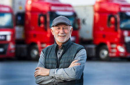 Portrait of senior man standing in front of truck. Cargo logistics concept