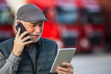Senior man talking on phone and looking at tablet in front of trucks. Cargo logistics conceptの写真素材