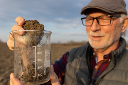 Mature farmer standing in field, holding soil sample and checking quality in autumn timeの写真素材
