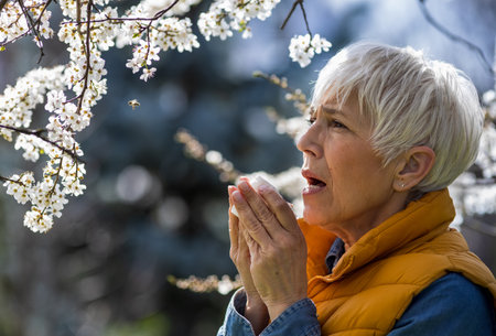 Afraid mature woman sneezing in napkin in front of blooming tree. Spring allergy attack conceptの写真素材