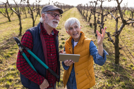 Mature couple standing in orchard in early spring and talking about  visions for business