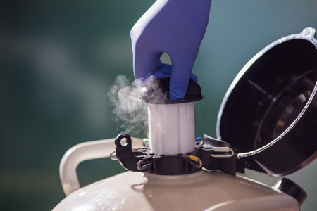 Close up of veterinarian hand with gloves opening liquid nitrogen tank with bull sperm for artificial insemination of cowsの写真素材