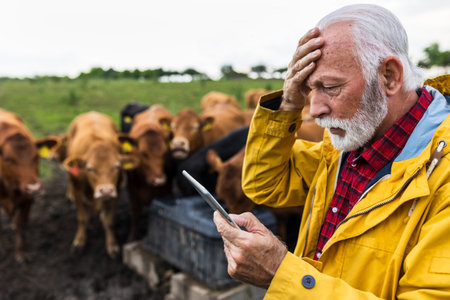 Worried mature farmer holding hand on head and looking at tablet in front of Angus cows on meadow of ranch. Organic cattle breedingの写真素材