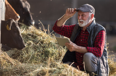 Mature farmer holding tablet in front of Black Angus cattle on dairy ranchの写真素材