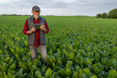 Senior farmer checking sugar beet growth in field and holding tablet in spring timeの写真素材