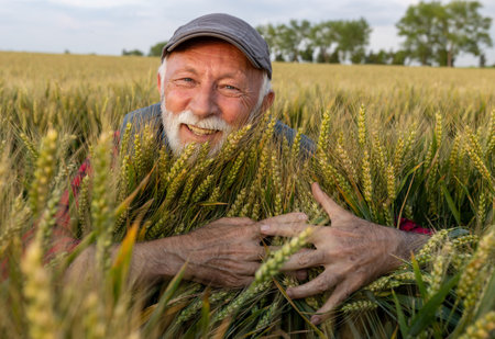 Portrait of senior farmer crouching in golden wheat field and hugging bundle of cropの写真素材