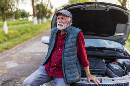 Senior man leaning on car with open hood and waiting road assistance after breakdown