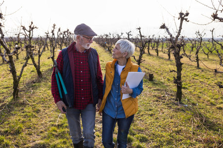 Mature couple walking in orchard in early spring and talking, holding pruning scissorsの写真素材