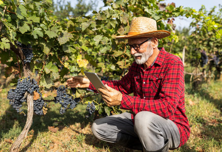 Satisfied senior farmer looking at tablet and checking grape quality before harvest