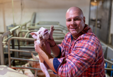 Farmer holding cute small piglet in hands in pipen beside sow