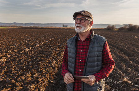 Portrait of senior farmer with glasses and cap standing in field in winter time and holding tabletの写真素材
