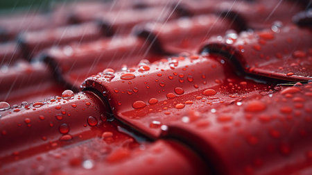Close up of rain drops falling on roof top, red metal waved board. Generative aiの素材