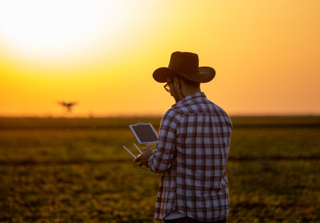 Farmer standing in field at sunset and driving drone above farmlandの写真素材