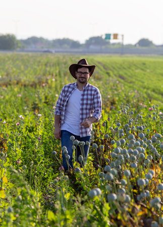 Young smiling farmer walking in poppy seed field in summer timeの写真素材