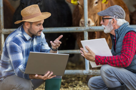 Two farmers crouching in front of cows and calves in cowshed, discussingの写真素材