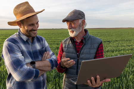 Two smiling farmers standing in green wheat field, using laptop and talking in spring timeの写真素材