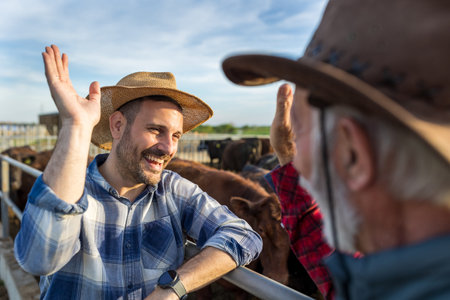 Young farmer raising hand to make "give me five" gesture to older farmer on cattle ranchの写真素材