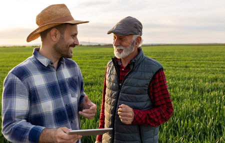 Two farmers standing in green wheat field holding tablet and discussing, in spring timeの写真素材