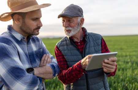 Two farmers standing in green wheat field and looking at tablet in spring timeの写真素材