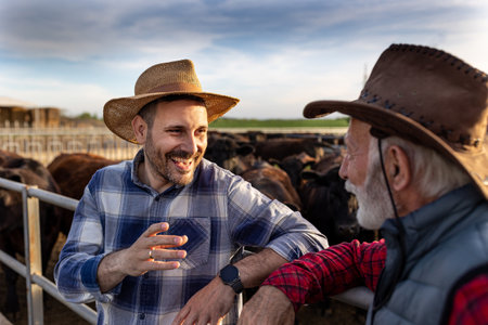 Two farmers with hats standing in front of cattle on ranch leaning on fence and talkingの写真素材